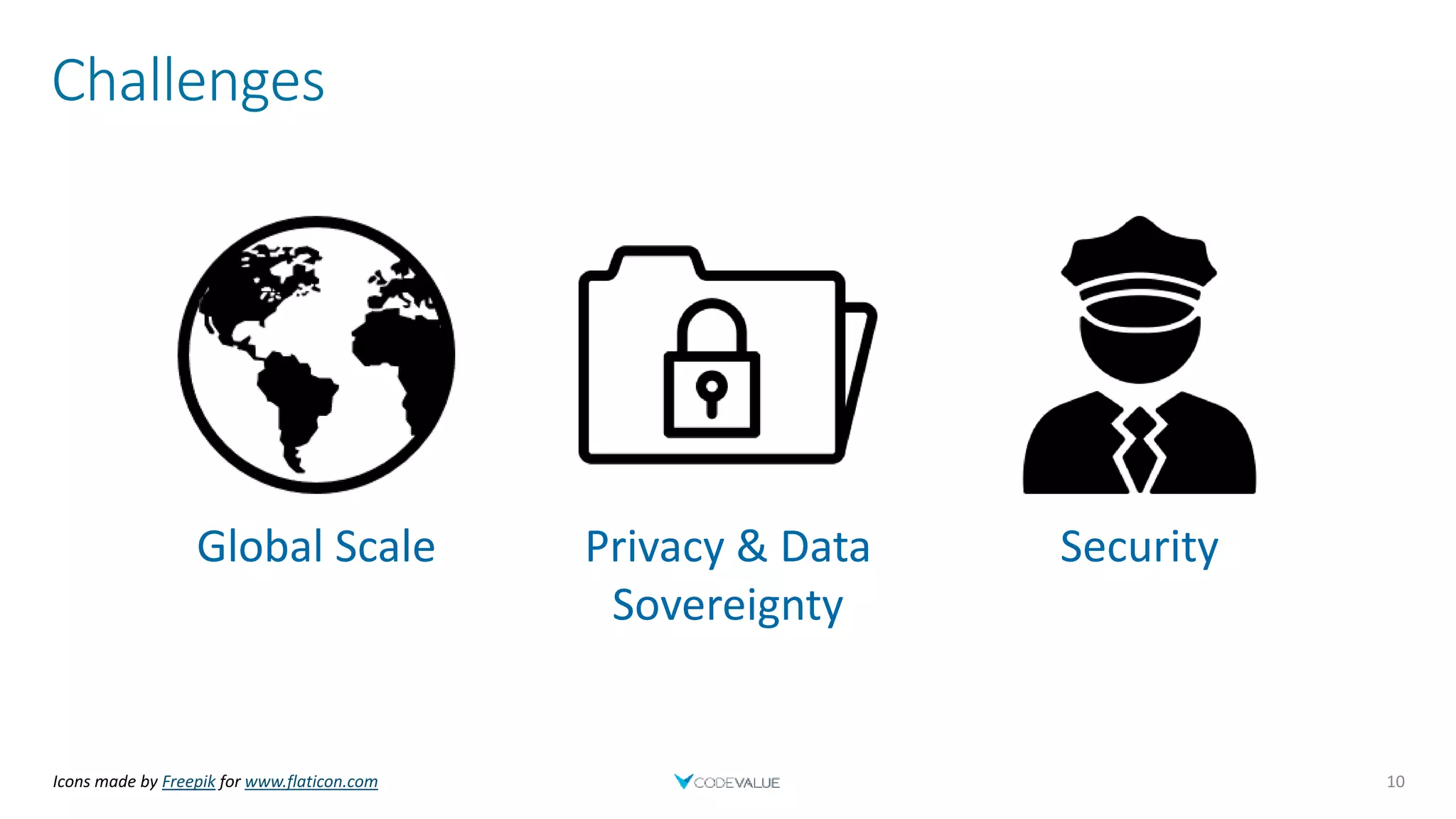 Challenges
10
Global Scale Privacy & Data
Sovereignty
Security
Icons made by Freepik for www.flaticon.com
 