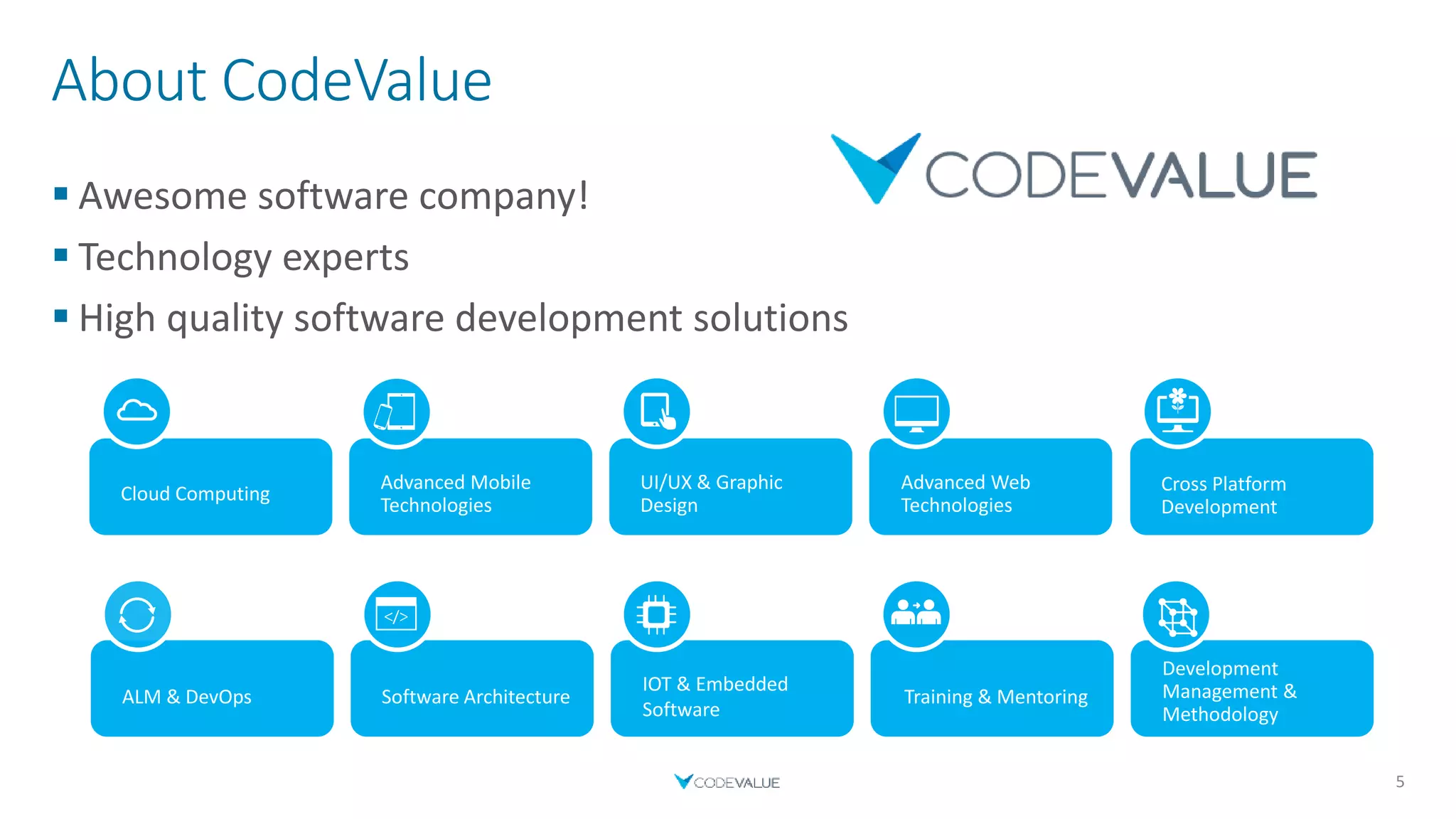 About CodeValue
 Awesome software company!
 Technology experts
 High quality software development solutions
Cloud Computing
Advanced Mobile
Technologies
UI/UX & Graphic
Design
Cross Platform
Development
Advanced Web
Technologies
ALM & DevOps Software Architecture
IOT & Embedded
Software
Training & Mentoring
Development
Management &
Methodology
5
 