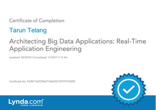 Certificate of Completion
Tarun Telang
Updated: 02/2018 • Completed: 12/2017 • 1h 4m
Certificate No: F63B7162CE964716BA5D1EF97F7F0298
Architecting Big Data Applications: Real-Time
Application Engineering
 