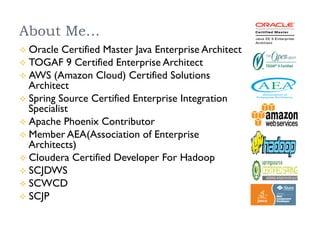 About Me…
²  Oracle Certified Master Java Enterprise Architect
²  TOGAF 9 Certified Enterprise Architect
²  AWS (Amazon Cloud) Certified Solutions
Architect
²  Spring Source Certified Enterprise Integration
Specialist
²  Apache Phoenix Contributor
²  Member AEA(Association of Enterprise
Architects)
²  Cloudera Certified Developer For Hadoop
²  SCJDWS
²  SCWCD
²  SCJP
 