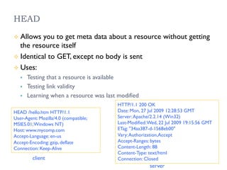 HEAD
²  Allows you to get meta data about a resource without getting
the resource itself
²  Identical to GET, except no body is sent
²  Uses:
§  Testing that a resource is available
§  Testing link validity
§  Learning when a resource was last modified
HEAD /hello.htm HTTP/1.1
User-Agent: Mozilla/4.0 (compatible;
MSIE5.01;Windows NT)
Host: www.mycomp.com
Accept-Language: en-us
Accept-Encoding: gzip, deflate
Connection: Keep-Alive
HTTP/1.1 200 OK
Date: Mon, 27 Jul 2009 12:28:53 GMT
Server:Apache/2.2.14 (Win32)
Last-Modified:Wed, 22 Jul 2009 19:15:56 GMT
ETag: "34aa387-d-1568eb00"
Vary:Authorization,Accept
Accept-Ranges: bytes
Content-Length: 88
Content-Type: text/html
Connection: Closedclient
server
 