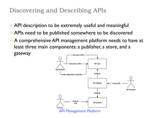 Discovering and Describing APIs
²  API description to be extremely useful and meaningful
²  APIs need to be published somewhere to be discovered
²  A comprehensive API management platform needs to have at
least three main components: a publisher, a store, and a
gateway
API Management Platform
 