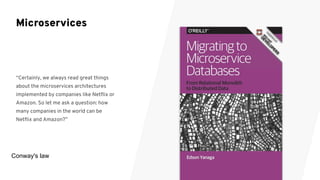 “Certainly, we always read great things
about the microservices architectures
implemented by companies like Netﬂix or
Amazon. So let me ask a question: how
many companies in the world can be
Netﬂix and Amazon?”
Microservices
Conway's law
 