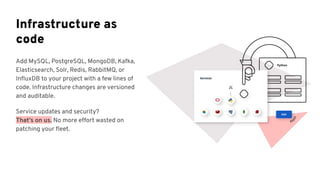 Infrastructure as
code
Add MySQL, PostgreSQL, MongoDB, Kafka,
Elasticsearch, Solr, Redis, RabbitMQ, or
InﬂuxDB to your project with a few lines of
code. Infrastructure changes are versioned
and auditable.
Service updates and security?
That’s on us. No more effort wasted on
patching your ﬂeet.
 