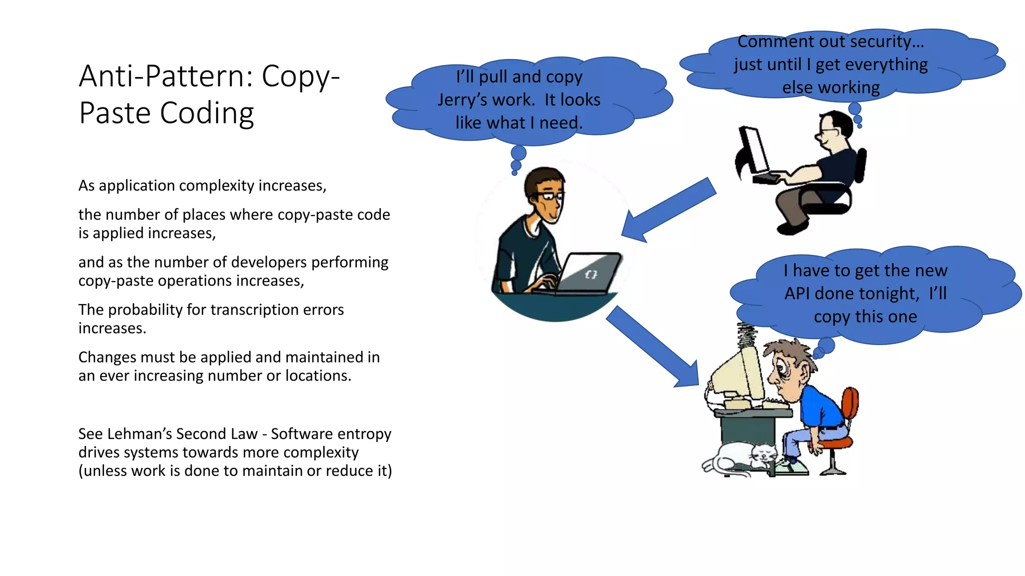 Anti-Pattern: Copy-
Paste Coding
As application complexity increases,
the number of places where copy-paste code
is applied increases,
and as the number of developers performing
copy-paste operations increases,
The probability for transcription errors
increases.
Changes must be applied and maintained in
an ever increasing number or locations.
See Lehman’s Second Law - Software entropy
drives systems towards more complexity
(unless work is done to maintain or reduce it)
Comment out security…
just until I get everything
else working
I’ll pull and copy
Jerry’s work. It looks
like what I need.
I have to get the new
API done tonight, I’ll
copy this one
 