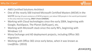Why Do I Care?
• AWS Certified Solutions Architect
• One of the nearly 500 trained Microsoft Certified Masters (MCM) in the
world (during 10 years existence of MCM program, just about 500 people in the world participated
in this very intensive training, ONLY 5 from CANADA)
• Working with Cloud technologies since the early 2004, beginning with
Google, RackSpace, The Planet (SoftLayer), etc.
• Working with Microsoft stack since the early 90’s, beginning with
Windows 1.0
• Many Exchange and AD deployment projects, including Office 365
migrations
• Working with Office 365 since early betas, when it was known as
Live@Edu (2010)
 