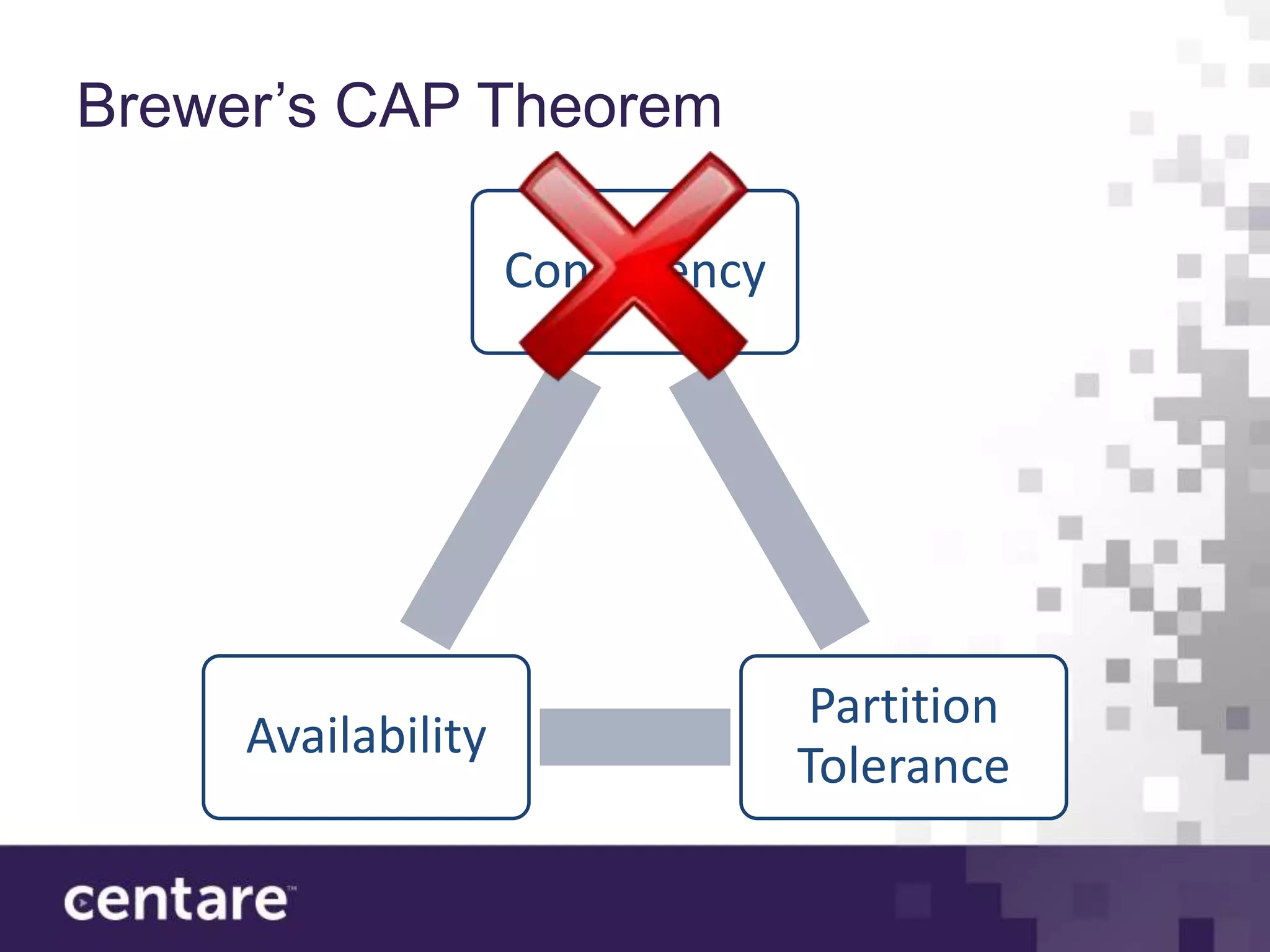 Brewer’s CAP Theorem

                    Consistency




                                   Partition
     Availability
                                  Tolerance
 