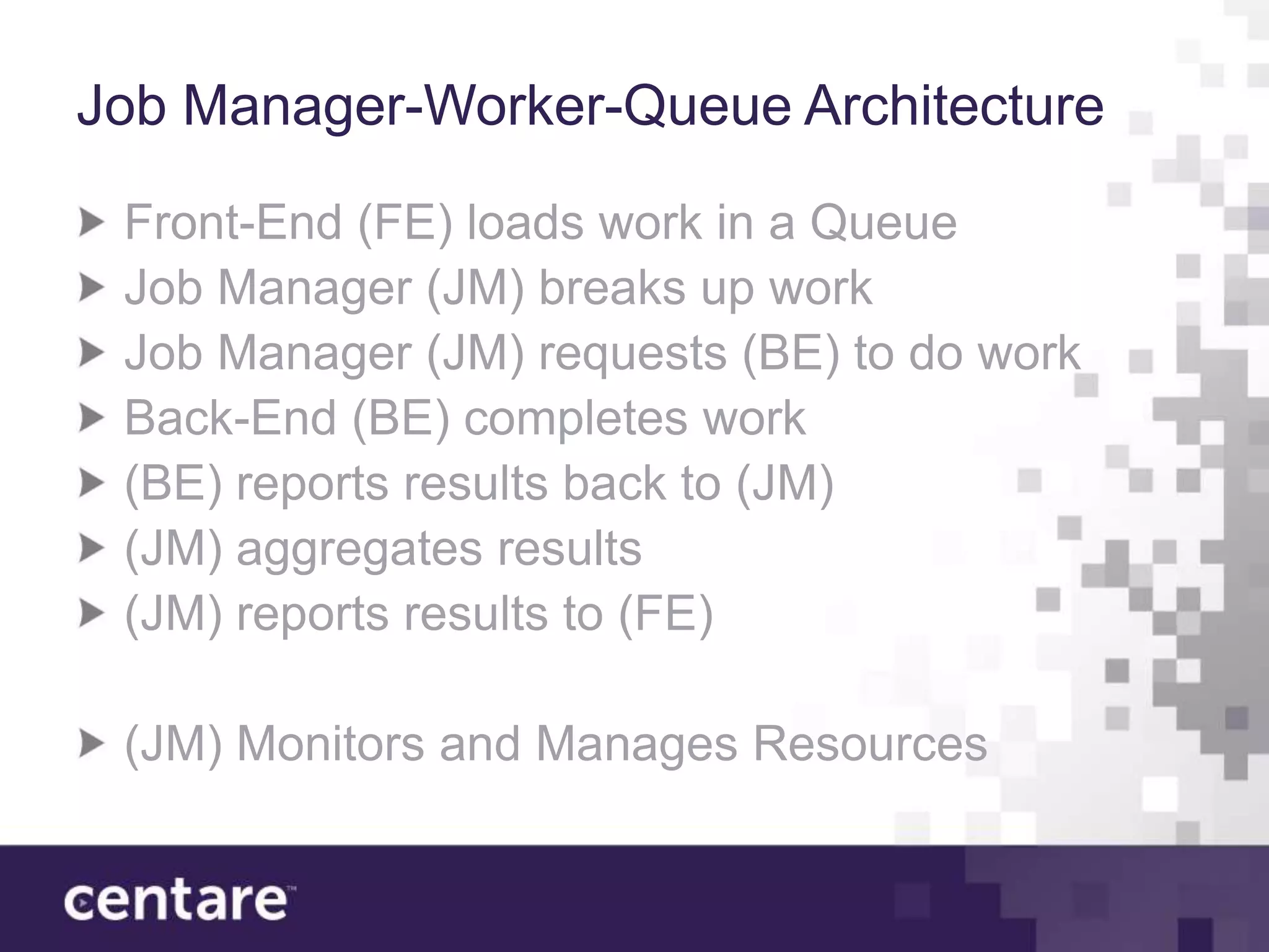 Job Manager-Worker-Queue Architecture

 Front-End (FE) loads work in a Queue
 Job Manager (JM) breaks up work
 Job Manager (JM) requests (BE) to do work
 Back-End (BE) completes work
 (BE) reports results back to (JM)
 (JM) aggregates results
 (JM) reports results to (FE)

 (JM) Monitors and Manages Resources
 