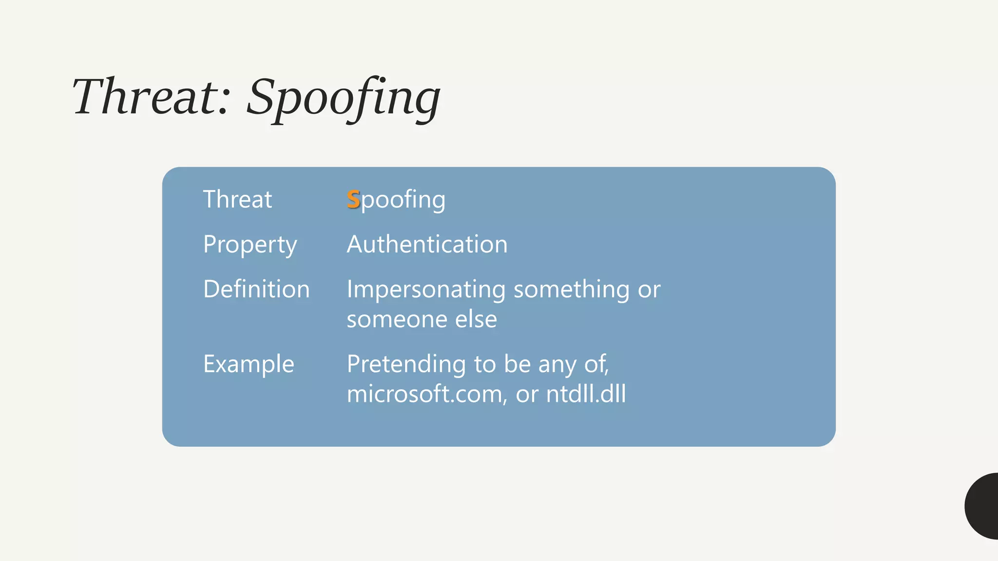Threat: Spoofing
Threat Spoofing
Property Authentication
Definition Impersonating something or
someone else
Example Pretending to be any of,
microsoft.com, or ntdll.dll
 