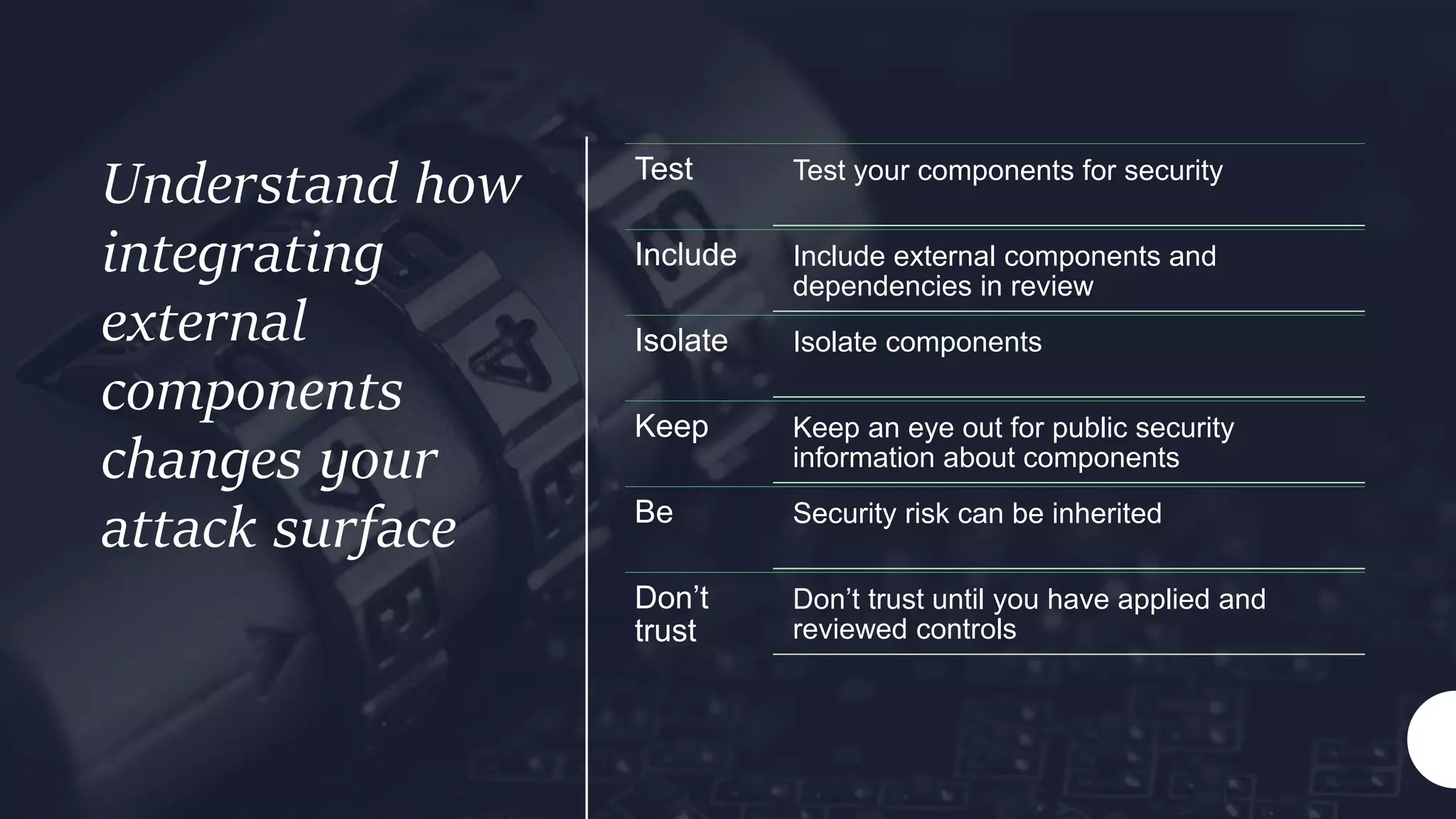 Understand how
integrating
external
components
changes your
attack surface
Test Test your components for security
Include Include external components and
dependencies in review
Isolate Isolate components
Keep Keep an eye out for public security
information about components
Be Security risk can be inherited
Don’t
trust
Don’t trust until you have applied and
reviewed controls
 