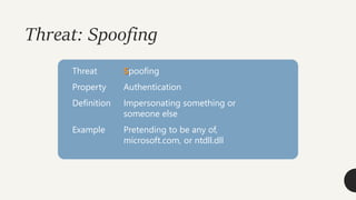 Threat: Spoofing
Threat Spoofing
Property Authentication
Definition Impersonating something or
someone else
Example Pretending to be any of,
microsoft.com, or ntdll.dll
 