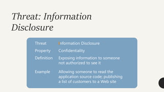 Threat: Information
Disclosure
Threat Information Disclosure
Property Confidentiality
Definition Exposing information to someone
not authorized to see it
Example Allowing someone to read the
application source code; publishing
a list of customers to a Web site
 