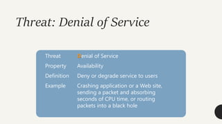 Threat: Denial of Service
Threat Denial of Service
Property Availability
Definition Deny or degrade service to users
Example Crashing application or a Web site,
sending a packet and absorbing
seconds of CPU time, or routing
packets into a black hole
 