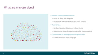 What are microservices?
 Perform a single business function
‒ Focus on doing one thing well
‒ Have clearly defined interfaces (bounded context)
 Autonomous
‒ Can be changed and deployed independently
‒ Have minimal dependency on one another (loose coupling)
 Communicate via language/platform-agnostic APIs
‒ Can be developed in any language
6
 