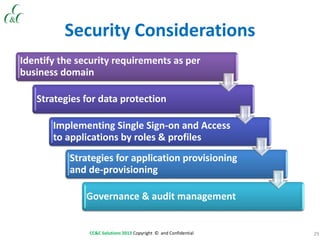 29CC&C Solutions 2013 Copyright © and Confidential
Security Considerations
Identify the security requirements as per
business domain
Strategies for data protection
Implementing Single Sign-on and Access
to applications by roles & profiles
Strategies for application provisioning
and de-provisioning
Governance & audit management
 