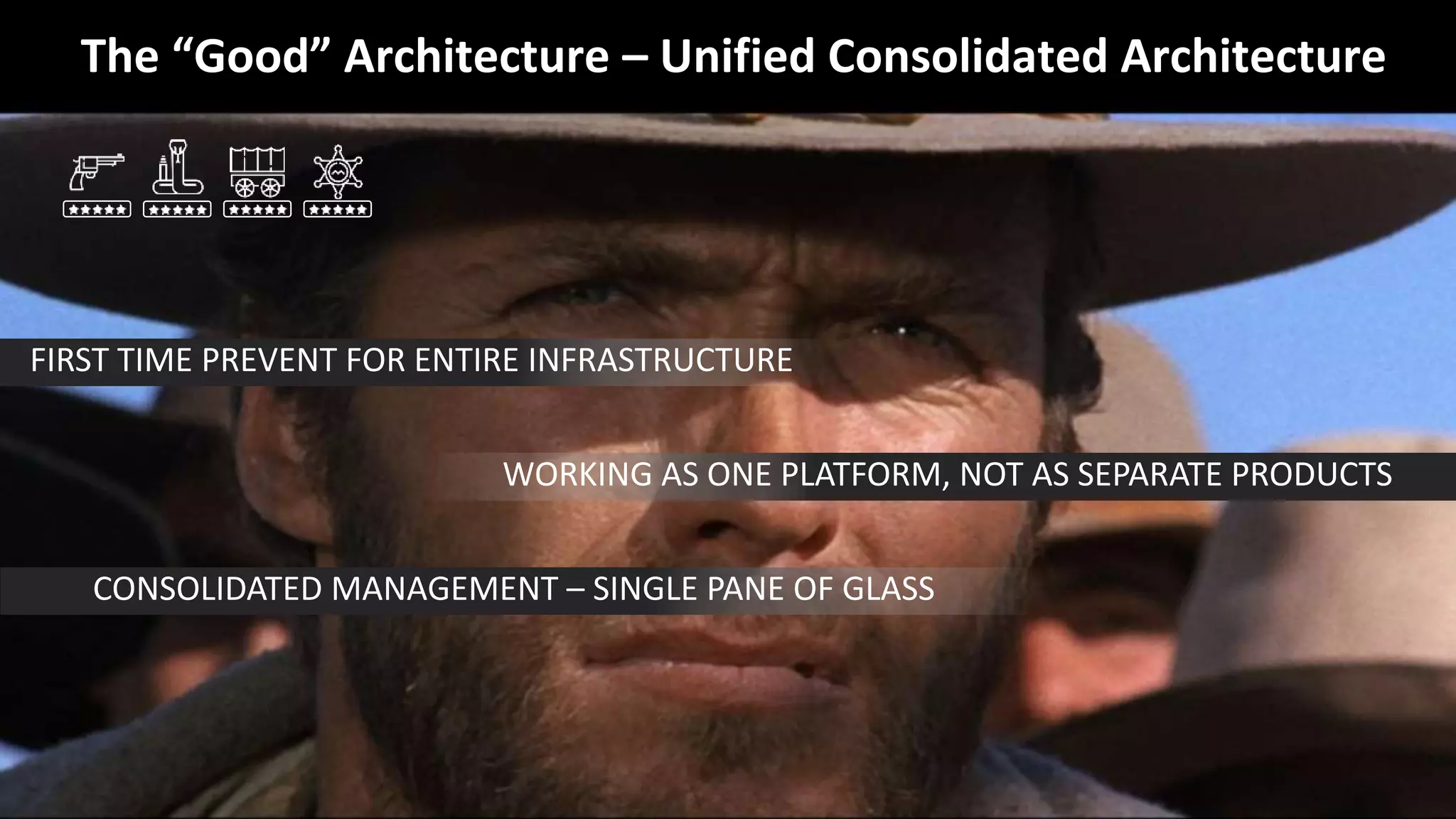 10©2018 Check Point Software Technologies Ltd.
The “Good” Architecture – Unified Consolidated Architecture
FIRST TIME PREVENT FOR ENTIRE INFRASTRUCTURE
WORKING AS ONE PLATFORM, NOT AS SEPARATE PRODUCTS
CONSOLIDATED MANAGEMENT – SINGLE PANE OF GLASS
 