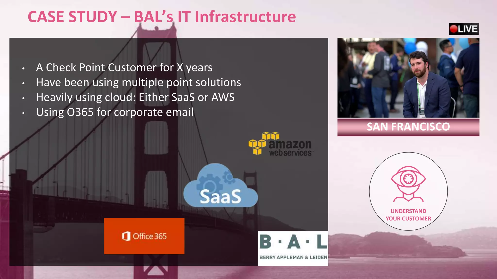 17©2018 Check Point Software Technologies Ltd.
CASE STUDY – BAL’s IT Infrastructure
SAN FRANCISCO
• A Check Point Customer for X years
• Have been using multiple point solutions
• Heavily using cloud: Either SaaS or AWS
• Using O365 for corporate email
UNDERSTAND
YOUR CUSTOMER
 