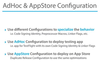 AdHoc & AppStore Configuration
‣ Use diﬀerent Configurations to specialize the behavior
i.e. Code Signing Identity, Prepro...