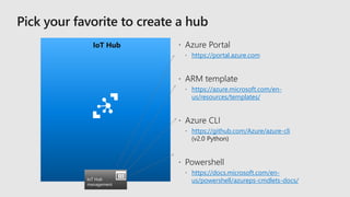 https://portal.azure.com
https://azure.microsoft.com/en-
us/resources/templates/
https://github.com/Azure/azure-cli
https://docs.microsoft.com/en-
us/powershell/azureps-cmdlets-docs/
IoT Hub
IoT Hub
management
 
