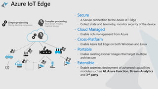  Secure
 Cloud Managed
 Cross-Platform
 Portable
 Extensible
Simple processing
filtering, batching, compression
Complex processing
Azure Stream Analytics,
Cognitive Services
 