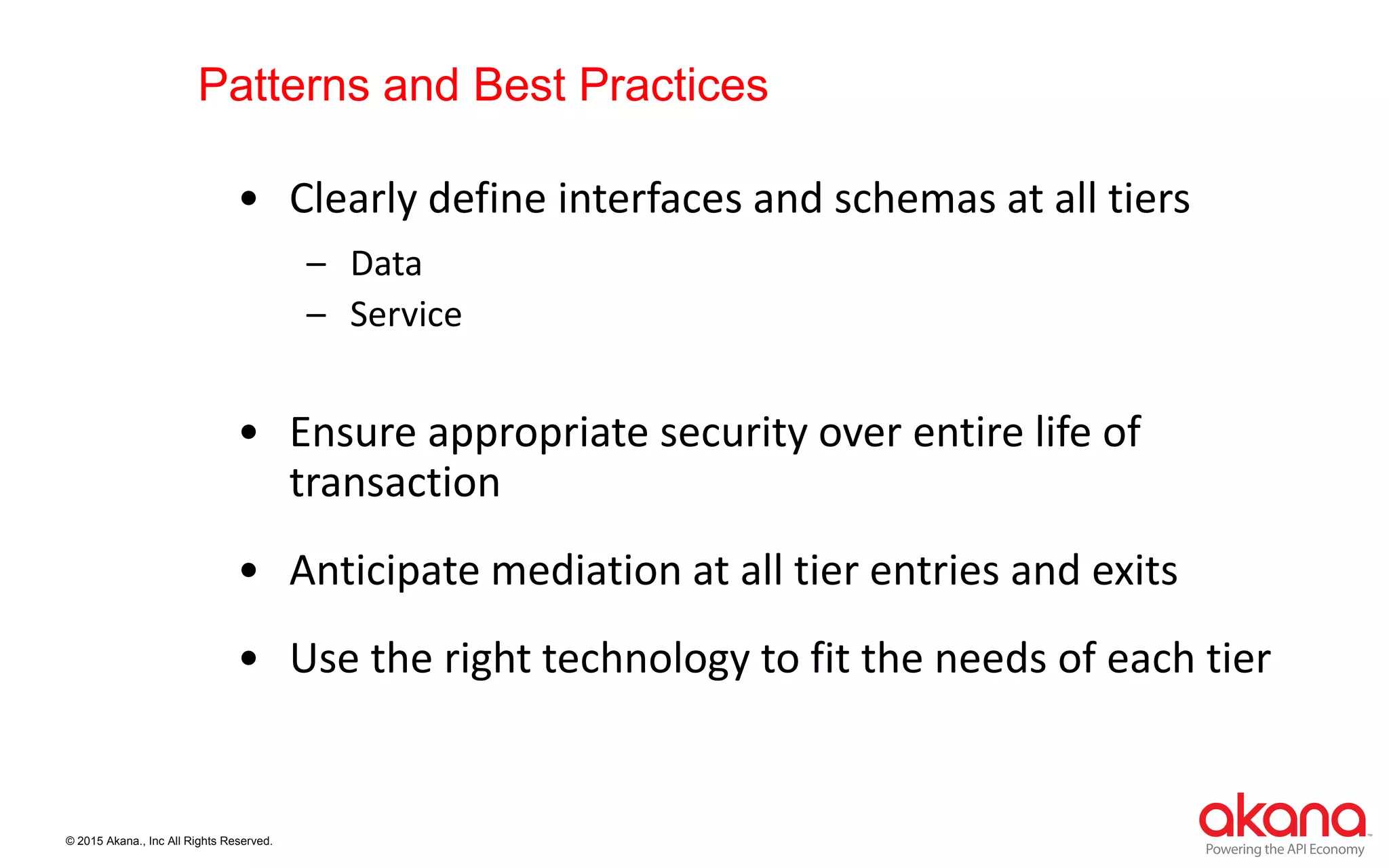 © 2015 Akana., Inc All Rights Reserved.
Patterns and Best Practices
• Clearly define interfaces and schemas at all tiers
– Data
– Service
• Ensure appropriate security over entire life of
transaction
• Anticipate mediation at all tier entries and exits
• Use the right technology to fit the needs of each tier
 