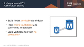 © 2019, Amazon Web Services, Inc. or its Affiliates. All rights reserved.
Scaling Amazon RDS:
Push-Button Scaling
• Scale nodes vertically up or down
• From micro to 24xlarge and
everything in-between
• Scale vertical often with no
downtime*
 