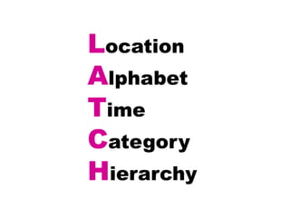 Location
Alphabet
Time
Category
Hierarchy
 