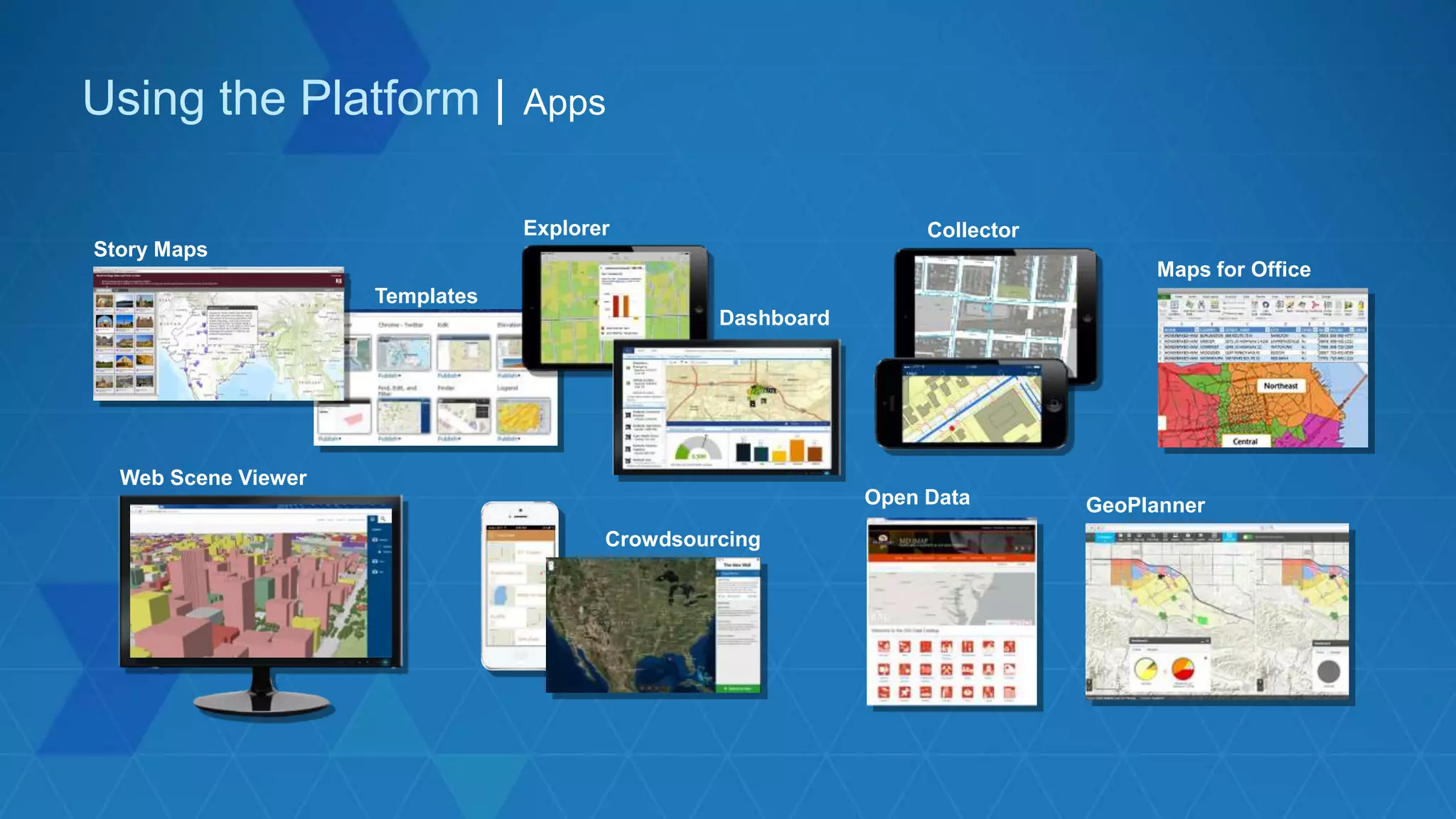 Using the Platform | Apps
Templates
Story Maps
CollectorExplorer
Web Scene Viewer
Dashboard
Open Data
Maps for Office
GeoPlanner
Crowdsourcing
 