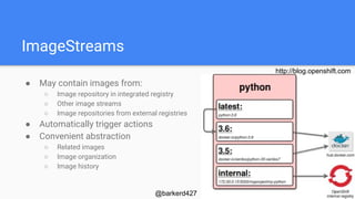 ImageStreams
● May contain images from:
○ Image repository in integrated registry
○ Other image streams
○ Image repositories from external registries
● Automatically trigger actions
● Convenient abstraction
○ Related images
○ Image organization
○ Image history
http://blog.openshift.com
@barkerd427
 