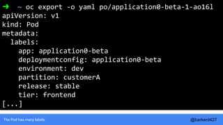 The Pod has many labels.
➜ ~ oc export -o yaml po/application0-beta-1-ao16l
apiVersion: v1
kind: Pod
metadata:
labels:
app: application0-beta
deploymentconfig: application0-beta
environment: dev
partition: customerA
release: stable
tier: frontend
[...]
@barkerd427
 