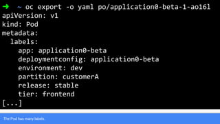 The Pod has many labels.
➜ ~ oc export -o yaml po/application0-beta-1-ao16l
apiVersion: v1
kind: Pod
metadata:
labels:
app: application0-beta
deploymentconfig: application0-beta
environment: dev
partition: customerA
release: stable
tier: frontend
[...]
 