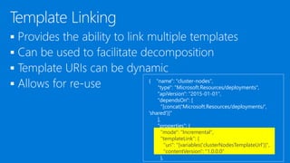 


 { "name": "cluster-nodes",
"type": "Microsoft.Resources/deployments",
"apiVersion": "2015-01-01",
"dependsOn": [
"[concat('Microsoft.Resources/deployments/',
'shared')]"
],
"properties": {
"mode": "Incremental",
"templateLink": {
"uri": "[variables('clusterNodesTemplateUrl')]",
"contentVersion": "1.0.0.0"
},
 