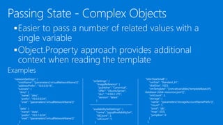 

"networkSettings": {
"vnetName": "[parameters('virtualNetworkName')]",
"addressPrefix": "10.0.0.0/16",
"subnets": {
"dmz": {
"name": "dmz",
"prefix": "10.0.0.0/24",
"vnet": "[parameters('virtualNetworkName')]"
},
"data": {
"name": "data",
"prefix": "10.0.1.0/24",
"vnet": "[parameters('virtualNetworkName')]"
}
"osSettings": {
"imageReference": {
"publisher": "Canonical",
"offer": "UbuntuServer",
"sku": "14.04.2-LTS",
"version": "latest"
}
"tshirtSizeSmall": {
"vmSize": "Standard_A1",
"diskSize": 1023,
"vmTemplate": "[concat(variables('templateBaseUrl'),
'database-2disk-resources.json')]",
"vmCount": 2,
"storage": {
"name": "[parameters('storageAccountNamePrefix')]",
"count": 1,
"pool": "db",
"map": [0,0],
"jumpbox": 0
}
},
"availabilitySetSettings": {
"name": "pgsqlAvailabilitySet",
"fdCount": 3,
"udCount": 5
}
 