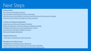 Getting Started
Azure Resource Manager Overview
Using Windows PowerShell with Resource Manager
Using the Azure Cross-Platform Command-Line Interface with the Resource Manager
Using the Azure Portal to manage your Azure resources
Creating and Deploying Applications
Authoring Azure Resource Manager Templates
Deploy an application with Azure Resource Manager template
Troubleshooting Resource Group Deployments in Azure
Azure Resource Manager Template Functions
Advanced Template Operations
Organizing Resources
Using tags to organize your Azure resources
Managing and Auditing Access
Managing and Auditing Access to Resources
Authenticating a Service Principal with Azure Resource Manager
Create a new Azure Service Principal using the Azure classic portal
 