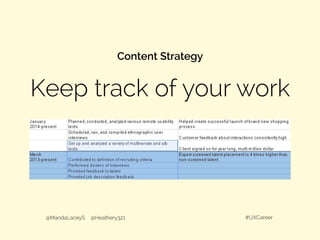 Keep track of your work
Content Strategy
@MandaLaceyS @Heathery321 #UXCareer
 