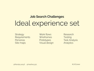 Job Search Challenges
Ideal experience set
@MandaLaceyS @Heathery321 #UXCareer
Strategy
Requirements
Personas
Site maps
Work ﬂows
Wireframes
Prototypes
Visual design
Research
Testing
Task Analysis
Analytics
 