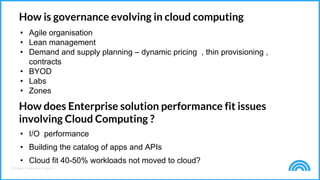 © Cloud Credential Council
How is governance evolving in cloud computing
• Agile organisation
• Lean management
• Demand and supply planning – dynamic pricing , thin provisioning ,
contracts
• BYOD
• Labs
• Zones
How does Enterprise solution performance fit issues
involving Cloud Computing ?
• I/O performance
• Building the catalog of apps and APIs
• Cloud fit 40-50% workloads not moved to cloud?
 