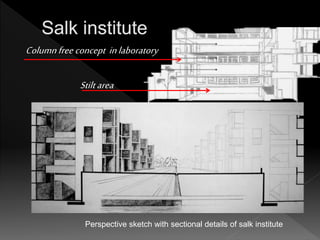 Columnfree concept inlaboratory
Stiltarea
Perspective sketch with sectional details of salk institute
 
