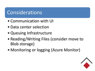 Considerations
• Communication with UI
• Data center selection
• Queuing Infrastructure
• Reading/Writing Files (consider move to
Blob storage)
• Monitoring or logging (Azure Monitor)
 