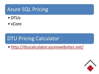Azure SQL Pricing
• DTUs
• vCore
DTU Pricing Calculator
• http://dtucalculator.azurewebsites.net/
 