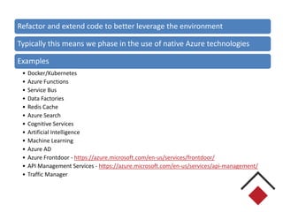 Refactor and extend code to better leverage the environment
Typically this means we phase in the use of native Azure technologies
Examples
• Docker/Kubernetes
• Azure Functions
• Service Bus
• Data Factories
• Redis Cache
• Azure Search
• Cognitive Services
• Artificial Intelligence
• Machine Learning
• Azure AD
• Azure Frontdoor - https://azure.microsoft.com/en-us/services/frontdoor/
• API Management Services - https://azure.microsoft.com/en-us/services/api-management/
• Traffic Manager
 