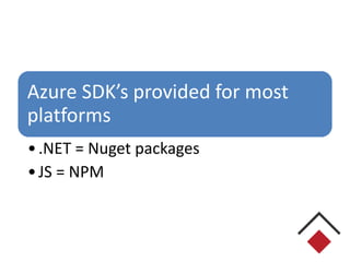 Azure SDK’s provided for most
platforms
•.NET = Nuget packages
•JS = NPM
 