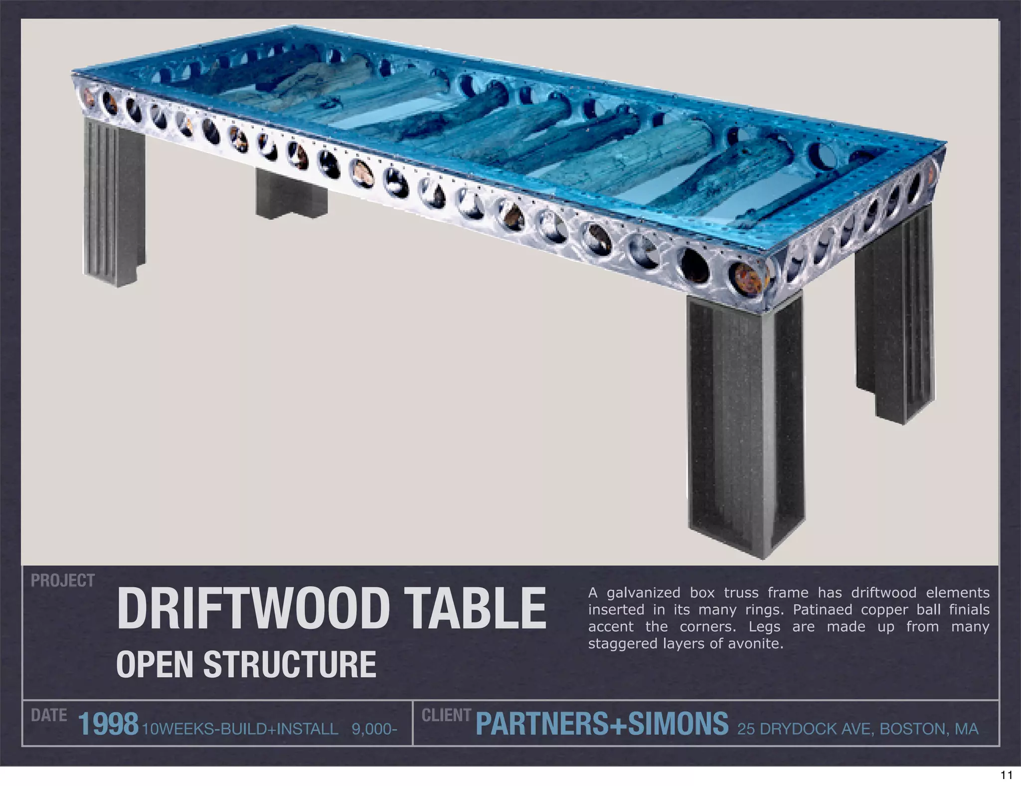 PROJECT

          DRIFTWOOD TABLE
                                                               A galvanized box truss frame has driftwood elements
                                                               inserted in its many rings. Patinaed copper ball finials
                                                               accent the corners. Legs are made up from many
                                                               staggered layers of avonite.

          OPEN STRUCTURE
DATE                                         CLIENT
       1998 10WEEKS-BUILD+INSTALL   9,000-            PARTNERS+SIMONS 25 DRYDOCK AVE, BOSTON, MA
                                                                                                                          11
 