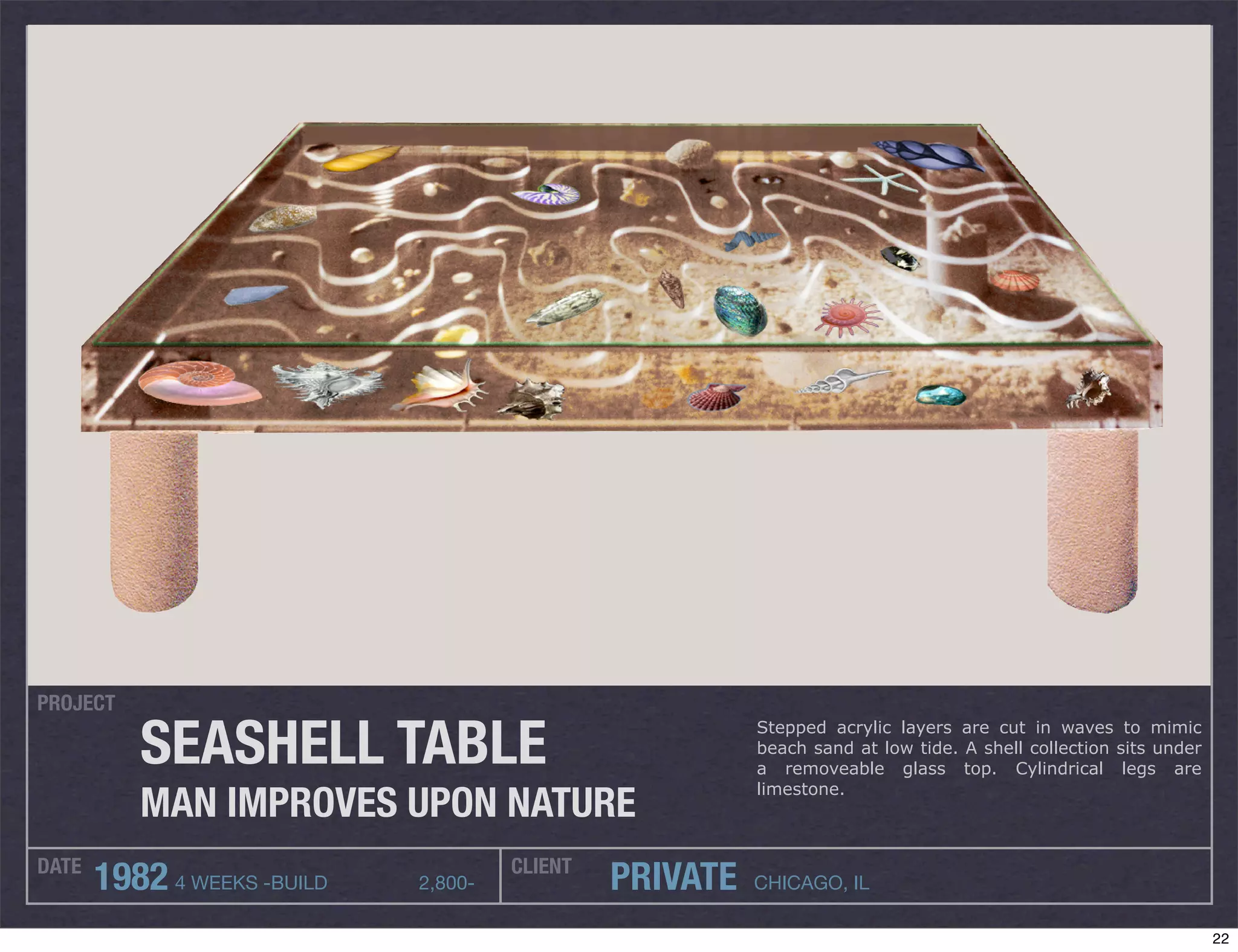 PROJECT

          SEASHELL TABLE                                 Stepped acrylic layers are cut in waves to mimic
                                                         beach sand at low tide. A shell collection sits under
                                                         a removeable glass top. Cylindrical legs are

          MAN IMPROVES UPON NATURE
                                                         limestone.



DATE                                  CLIENT
       1982 4 WEEKS -BUILD   2,800-            PRIVATE   CHICAGO, IL

                                                                                                                 22
 