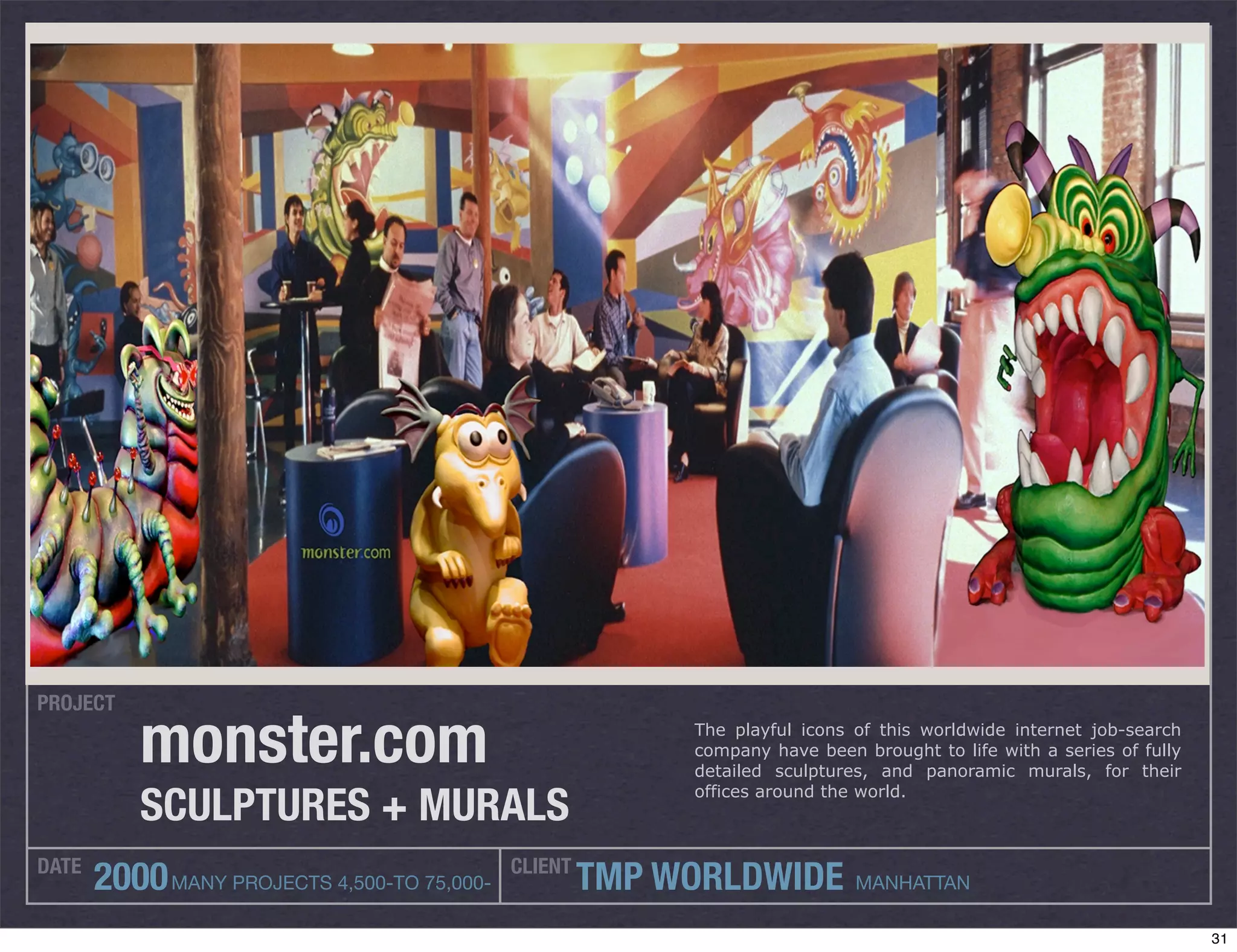 PROJECT

           monster.com                                     The playful icons of this worldwide internet job-search
                                                           company have been brought to life with a series of fully
                                                           detailed sculptures, and panoramic murals, for their

           SCULPTURES + MURALS
                                                           offices around the world.



DATE                                         CLIENT
       2000 MANY PROJECTS 4,500-TO 75,000-            TMP WORLDWIDE          MANHATTAN

                                                                                                                      31
 