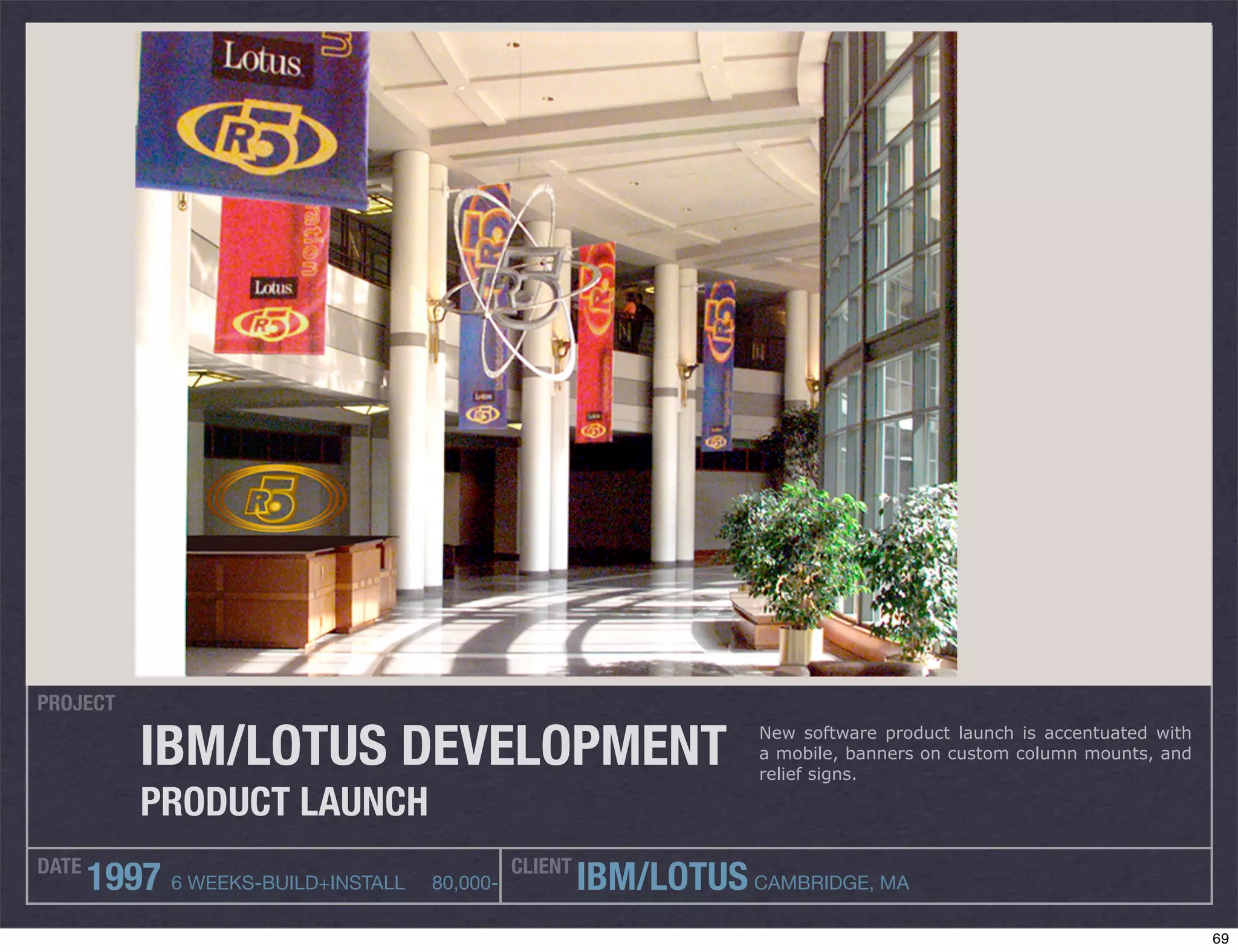 PROJECT

           IBM/LOTUS DEVELOPMENT                                   New software product launch is accentuated with
                                                                   a mobile, banners on custom column mounts, and
                                                                   relief signs.

           PRODUCT LAUNCH
DATE                                          CLIENT
       1997 6 WEEKS-BUILD+INSTALL   80,000-            IBM/LOTUS CAMBRIDGE, MA
                                                                                                                     69
 