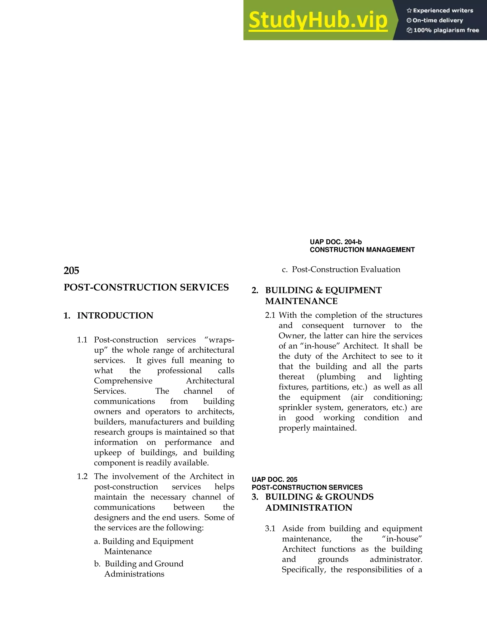 UAP DOC. 204-b
CONSTRUCTION MANAGEMENT
017
,
2+ .
% % ! / H /
I
$
(
*
% 9
/
(
D
" A+
6
" <
! /$ A
0+ * /. 3 B A ,
9 % 5
+
,
H / I
1
2
+ 1
* 2
*
UAP DOC. 205
POST-CONSTRUCTION SERVICES
4+ * /. 3 B 3 .
.
: % +
H / I
(
 