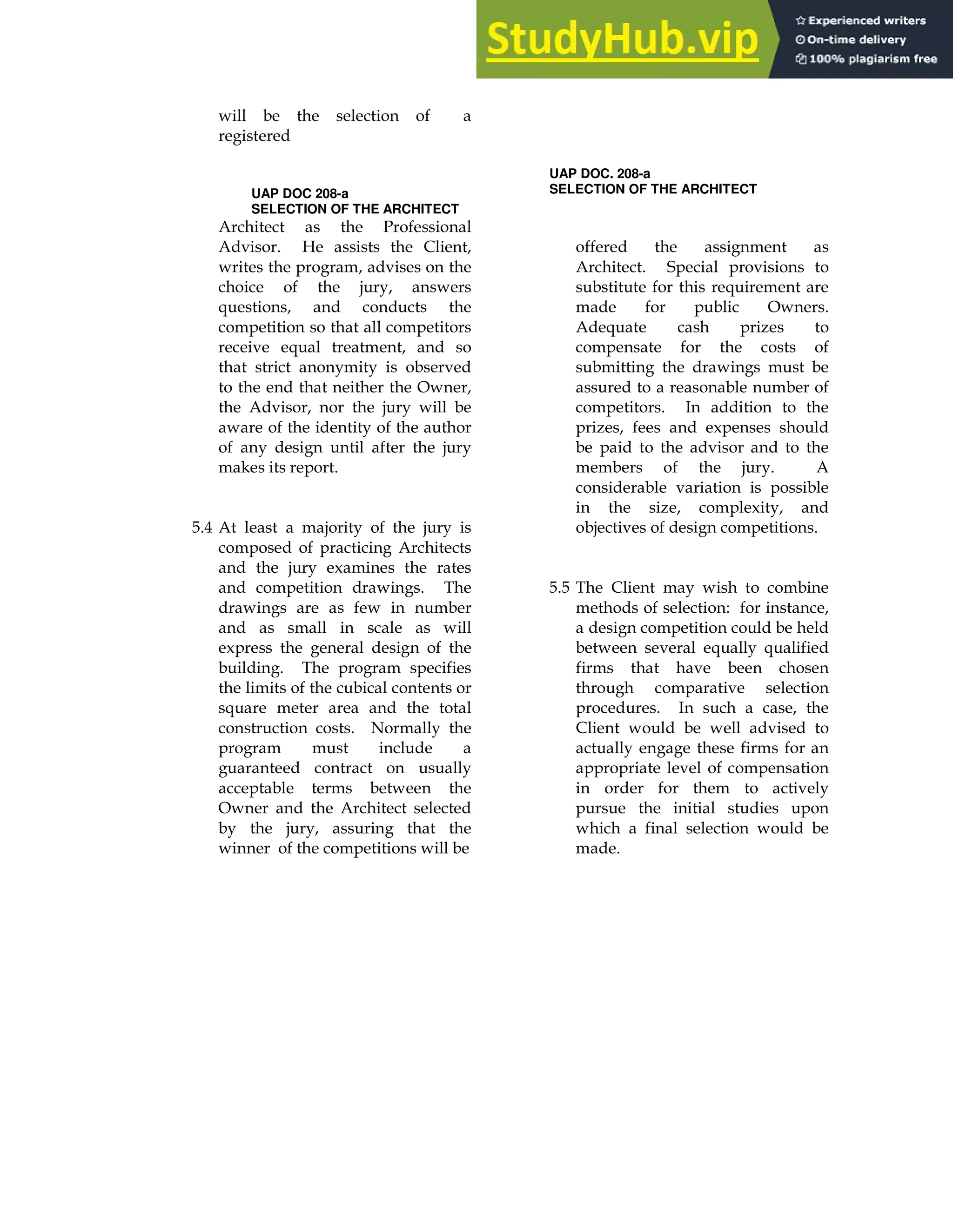 UAP DOC 208-a
SELECTION OF THE ARCHITECT
!
7 $
+
+
,
*
& ;
+
@
,
UAP DOC. 208-a
SELECTION OF THE ARCHITECT
(
+
,
+ )
)
)
& & $
D
+ +
$
 