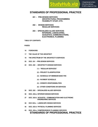 STANDARDS OF PROFESSIONAL PRACTICE
201 - PRE-DESIGN SERVICES
ARCHITECTURAL PROGRAMMING
FEASIBILITY STUDY, ETC.
202 - DESIGN SERVICES
REGULAR SERVICES
203 - SPECIALIZED ALLIED SERVICES
INTERIORS, LANDSCAPING,
ACOUSTICS, COMMUNICATIONS,
ELECTRONICS, PLANNING
TABLE OF CONTENTS
PAGES
16 FOREWORD
17 THE VALUE OF THE ARCHITECT
18 THE SPECTRUM OF THE ARCHITECT’S SERVICES
20 DOC. 201 - PRE-DESIGN SERVICES
22 DOC. 202 - ARCHITECT’S DESIGN SERVICES
(1) - “REGULAR SERVICES”
(2) - PROJECT CLASSIFICATION
(3) - SCHEDULE OF MINIMUM BASIC FEE
(4) - PAYMENT SCHEDULE
(5) - OWNER’S RESPONSIBILITIES
(6) - OTHER CONDITIONS ON SERVICES
35 DOC. 203 - SPECIALIZED ALLIED SERVICES
36 DOC. 203-a INTERIOR DESIGN SERVICES
37 DOC. 203-b ACOUSTIC; COMMUNICATION AND ELECTRONIC
ENGINEERING SERVICES
39 DOC 203-c LANDSCAPE DESIGN SERVICES
40 DOC. 203-d PHYSICAL PLANNING SERVICES
43 DOC. 203-e COMPREHENSIVE PLANNING SERVICES
STANDARDS OF PROFESSIONAL PRACTICE
 