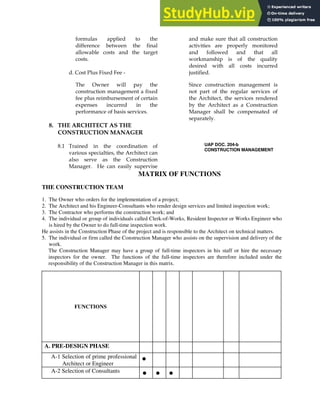 $ ! 0 0 /
,
;+
3
8 %
$
6 7
*
* +
(
$
6
UAP DOC. 204-b
CONSTRUCTION MANAGEMENT
MATRIX OF FUNCTIONS
THE CONSTRUCTION TEAM
1. The Owner who orders for the implementation of a project;
2. The Architect and his Engineer-Consultants who render design services and limited inspection work;
3. The Contractor who performs the construction work; and
4. The individual or group of individuals called Clerk-of-Works, Resident Inspector or Works Engineer who
is hired by the Owner to do full-time inspection work.
He assists in the Construction Phase of the project and is responsible to the Architect on technical matters.
5. The individual or firm called the Construction Manager who assists on the supervision and delivery of the
work.
The Construction Manager may have a group of full-time inspectors in his staff or hire the necessary
inspectors for the owner. The functions of the full-time inspectors are therefore included under the
responsibility of the Construction Manager in this matrix.
FUNCTIONS
A. PRE-DESIGN PHASE
A-1 Selection of prime professional
Architect or Engineer
•
A-2 Selection of Consultants
• • •
 